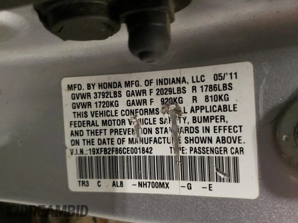 2012 Honda Civic EX with VIN 19XFB2F86CE001842, listed as a Copart auction lot 55585725 with 204,350 mi miles and Salvage Title. Bid and sale history available at DreamBid. Image 12.