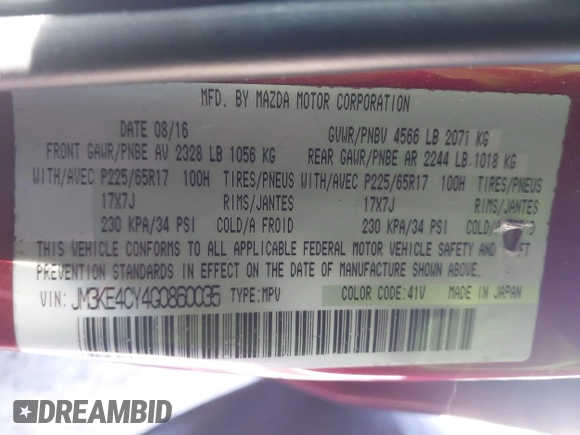 2016 Mazda CX-5 Touring with VIN JM3KE4CY4G0860035, listed as a IAAI auction lot 41678299 with 72,101 mi miles. Bid and sale history available at carsss.com. Image 9.