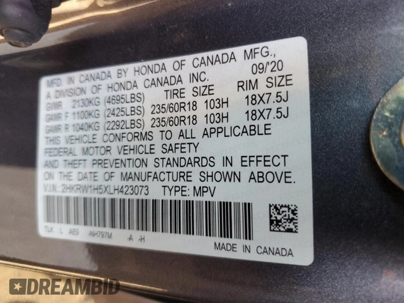 2020 Honda CR-V EX with VIN 2HKRW1H5XLH423073, listed as a Copart auction lot 46488215 with 40,013 mi miles and Salvage Title. Bid and sale history available at carsss.com. Image 13.