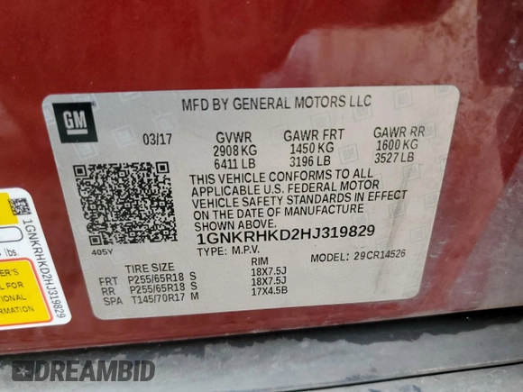 2017 Chevrolet Traverse LT with VIN 1GNKRHKD2HJ319829, listed as a Copart auction lot 53576295 with 114,428 mi miles and Salvage Title. Bid and sale history available at DreamBid. Image 12.