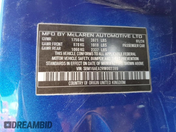 2024 McLaren Artura z VIN SBM16AEA2RW002389, wystawiony jako Copart lot #74246334 z przebiegiem 1374 mil mil oraz Nie do naprawy. Historia ofert i sprzedaży dostępna na DreamBid. Obrazek 13.