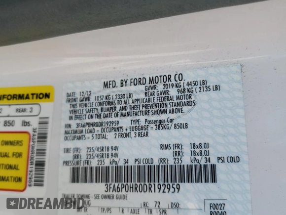 2013 Ford Fusion SE with VIN 3FA6P0HR0DR192959, listed as a Copart auction lot 55964335 with 192,306 mi miles and Clean title. Bid and sale history available at DreamBid. Image 12.