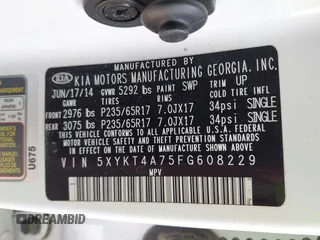2015 Kia Sorento LX with VIN 5XYKT4A75FG608229, listed as a IAAI auction lot 40395853 with 81,115 mi miles. Bid and sale history available at carsss.com. Image 9.