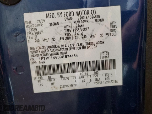 2009 Ford F-150 with VIN 1FTPF14V39KB74154, listed as a Copart auction lot 55580845 with 123,487 mi miles and Salvage title. Bid and sale history available at DreamBid. Image 12.
