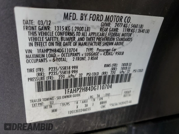 2013 Ford Taurus SEL z VIN 1FAHP2H84DG110704, wystawiony jako Copart lot #53538535 z przebiegiem 129 826 mil mil oraz Szkoda całkowita • Salvage title. Historia ofert i sprzedaży dostępna na DreamBid. Obrazek 12.