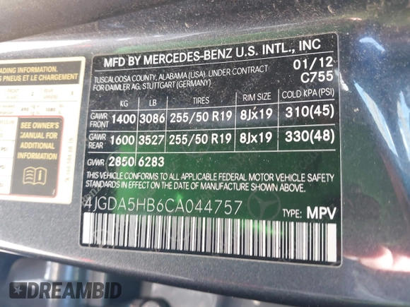 2012 Mercedes-Benz M ML 350 with VIN 4JGDA5HB6CA044757, listed as a IAAI auction lot 41858601 with 135,943 mi miles. Bid and sale history available at carsss.com. Image 9.