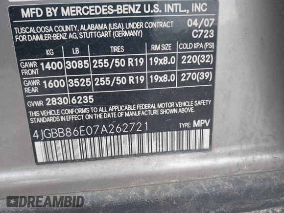 2007 Mercedes-Benz M 350 z VIN 4JGBB86E07A262721, wystawiony jako IAAI lot #42177769 z przebiegiem 208 392 mil mil oraz . Historia ofert i sprzedaży dostępna na DreamBid. Obrazek 9.