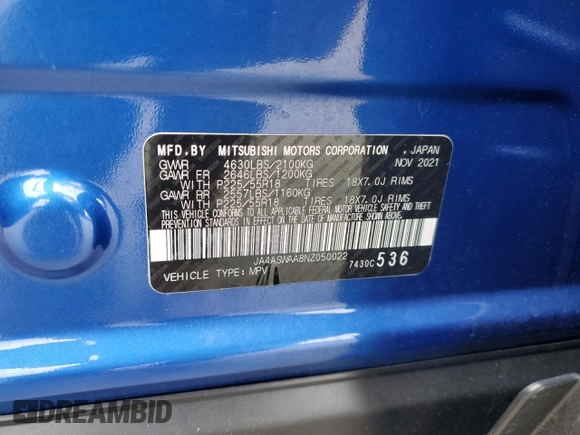 2022 Mitsubishi Eclipse Cross SE with VIN JA4ASWAA8NZ050022, listed as a Copart auction lot 79305314 with 40,617 mi miles and Salvage title. Bid and sale history available at DreamBid. Image 12.