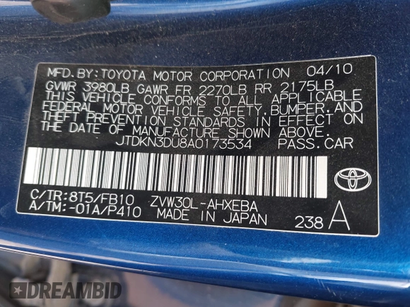2010 Toyota Prius II z VIN JTDKN3DU8A0173534, wystawiony jako IAAI lot #42035601 z przebiegiem 236 977 mil mil oraz . Historia ofert i sprzedaży dostępna na DreamBid. Obrazek 9.