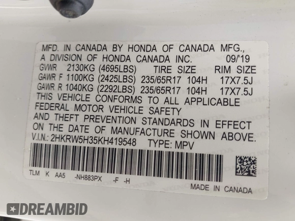 2019 Honda CR-V LX with VIN 2HKRW5H35KH419548, listed as a IAAI auction lot 41923516 with 127,746 mi miles and . Bid and sale history available at carsss.com. Image 9.
