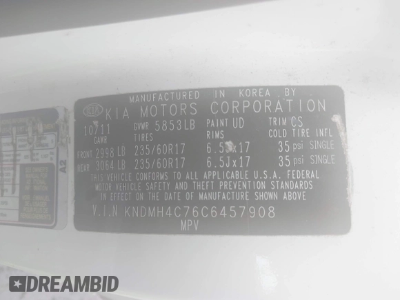 2012 Kia Sedona EX with VIN KNDMH4C76C6457908, listed as a IAAI auction lot 42179927 with 196,104 mi miles and . Bid and sale history available at DreamBid. Image 9.