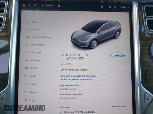 2016 Tesla Model X P90D with VIN 5YJXCAE49GF001067, listed as a IAAI auction lot 41980455 with 94,746 mi miles. Bid and sale history available at carsss.com. Image 7.