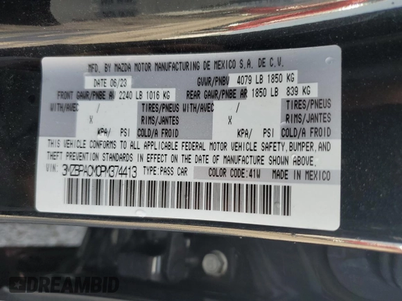 2023 Mazda 3 S Carbon Edition with VIN 3MZBPACM0PM374413, listed as a Copart auction lot 63022915 with 10,182 mi miles and Salvage title. Bid and sale history available at DreamBid. Image 12.