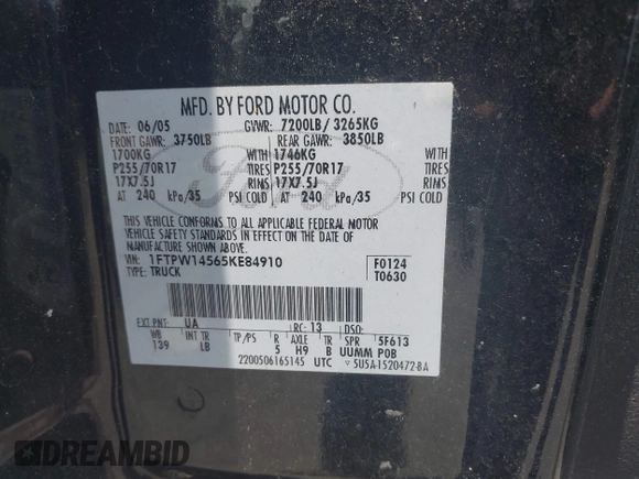 2005 Ford F-150 XLT with VIN 1FTPW14565KE84910, listed as a IAAI auction lot 42561299 with 178,026 mi miles and . Bid and sale history available at DreamBid. Image 9.