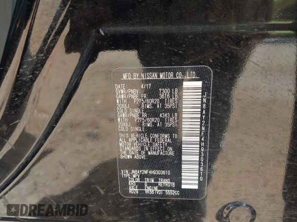 2017 Nissan Armada Platinum with VIN JN8AY2NF4H9303610, listed as a IAAI auction lot 42627619 with 122,727 mi miles and . Bid and sale history available at DreamBid. Image 9.