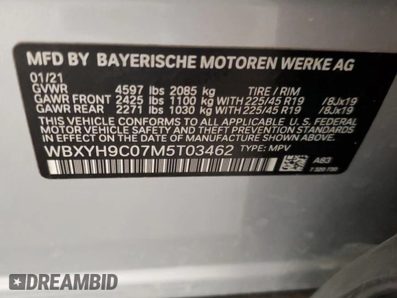 2021 BMW X2 sDrive28i with VIN WBXYH9C07M5T03462, listed as a Copart auction lot 56539503 with 0 mi miles and Salvage Title. Bid and sale history available at carsss.com. Image 12.
