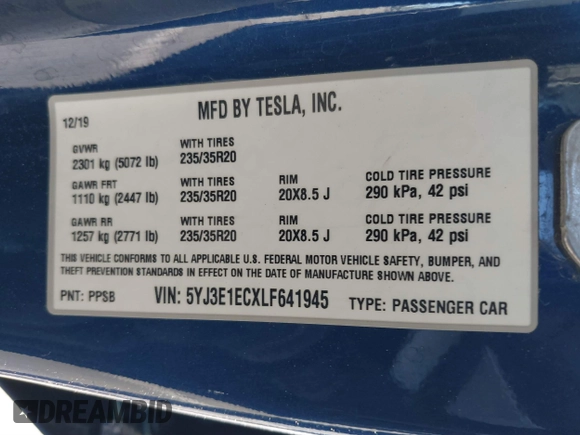 2020 Tesla Model 3 Performance z VIN 5YJ3E1ECXLF641945, wystawiony jako IAAI lot #41337826 z przebiegiem 53 336 mil mil oraz . Historia ofert i sprzedaży dostępna na DreamBid. Obrazek 9.
