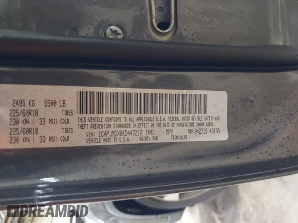 2019 Jeep Cherokee Limited with VIN 1C4PJMDX0KD447210, listed as a IAAI auction lot 42168429 with 51,408 mi miles and . Bid and sale history available at DreamBid. Image 9.