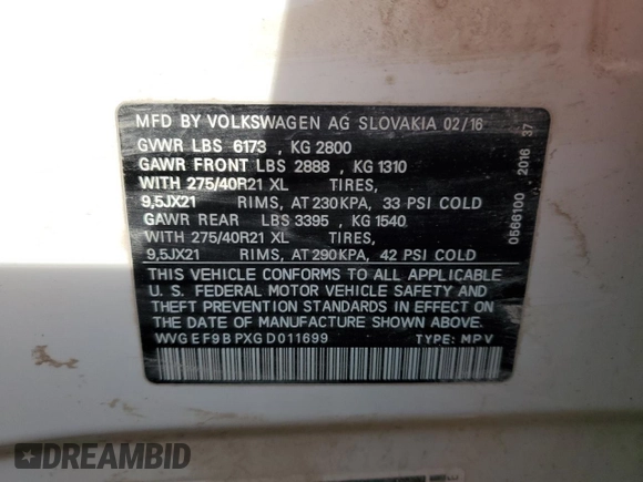2016 Volkswagen Touareg Sport с VIN WVGEF9BPXGD011699, выставлен на аукционе Copart как лот 85089304 с пробегом 107 792 миль миль и Списание • Salvage title. История ставок и продаж доступна на DreamBid. Изображение 13.