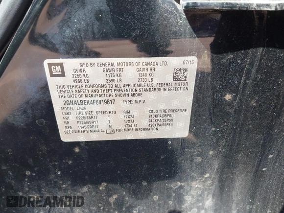 2015 Chevrolet Equinox LT with VIN 2GNALBEK4F6419817, listed as a IAAI auction lot 41890823 with 99,386 mi miles. Bid and sale history available at carsss.com. Image 9.