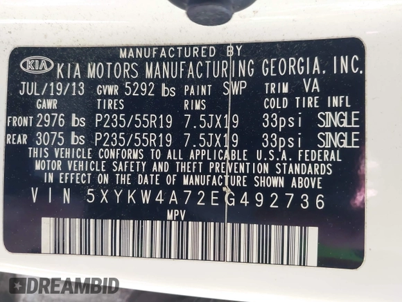 2014 Kia Sorento SX with VIN 5XYKW4A72EG492736, listed as a IAAI auction lot 42009349 with 165,492 mi miles. Bid and sale history available at carsss.com. Image 9.