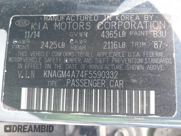 2015 Kia Optima LX z VIN KNAGM4A74F5590332, wystawiony jako IAAI lot #42304364 z przebiegiem 131 720 mil mil oraz . Historia ofert i sprzedaży dostępna na DreamBid. Obrazek 9.