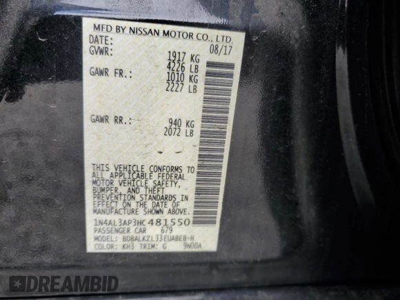 2017 Nissan Altima SL z VIN 1N4AL3AP3HC481550, wystawiony jako Copart lot #50881535 z przebiegiem 100 053 mil mil oraz Szkoda całkowita • Salvage title. Historia ofert i sprzedaży dostępna na DreamBid. Obrazek 12.