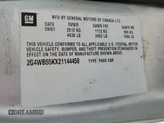2002 Buick Regal LS z VIN 2G4WB55KX21144458, wystawiony jako Copart lot #54374445 z przebiegiem 97 900 mil mil oraz Czysty tytuł • Clean title. Historia ofert i sprzedaży dostępna na DreamBid. Obrazek 12.