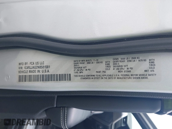 2022 Jeep Grand Cherokee Altitude with VIN 1C4RJJAG2N8581581, listed as a IAAI auction lot 42258980 with 43,725 mi miles and . Bid and sale history available at DreamBid. Image 9.