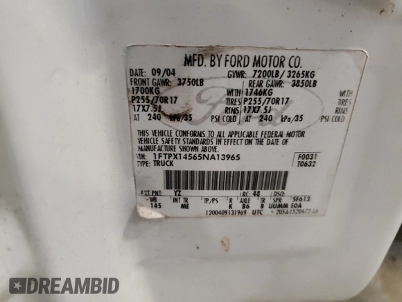 2005 Ford F-150 XLT with VIN 1FTPX14565NA13965, listed as a Copart auction lot 59012165 with 190,684 mi miles and Clean title. Bid and sale history available at DreamBid. Image 12.