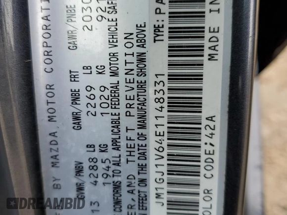 2014 Mazda 6 i Touring with VIN JM1GJ1V64E1148331, listed as a Copart auction lot 41701545 with 158,247 mi miles and Salvage Title. Bid and sale history available at DreamBid. Image 12.