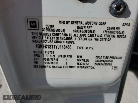 2000 GMC Yukon SLT with VIN 1GKEK13T1YJ118466, listed as a Copart auction lot 79811564 with 226,829 mi miles and Salvage Title. Bid and sale history available at carsss.com. Image 15.