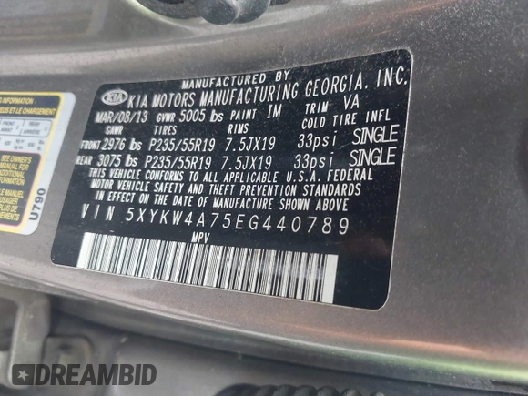 2014 Kia Sorento SX with VIN 5XYKW4A75EG440789, listed as a IAAI auction lot 41937425 with 103,104 mi miles. Bid and sale history available at carsss.com. Image 9.
