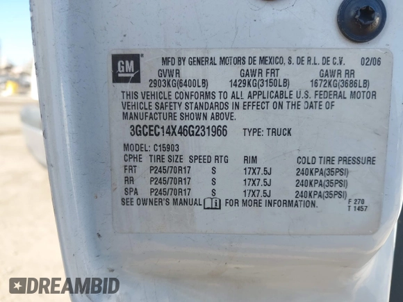 2006 Chevrolet Silverado 1500 Work Truck with VIN 3GCEC14X46G231966, listed as a IAAI auction lot 41993956 with 154,156 mi miles. Bid and sale history available at carsss.com. Image 9.