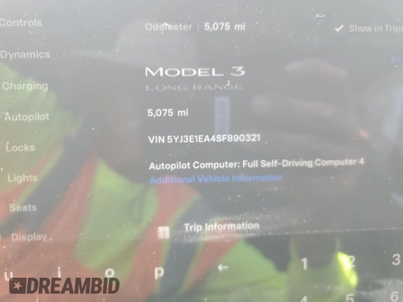 2025 Tesla Model 3 Long Range with VIN 5YJ3E1EA4SF890321, listed as a Copart auction lot 51505955 with 5,075 mi miles and Salvage title. Bid and sale history available at DreamBid. Image 9.