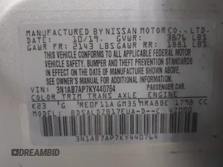 2019 Nissan Sentra S z VIN 3N1AB7AP7KY440764, wystawiony jako IAAI lot #41996693 z przebiegiem 34 594 mil mil oraz . Historia ofert i sprzedaży dostępna na DreamBid. Obrazek 9.