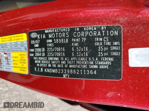 2008 Kia Sedona LX with VIN KNDMB233986211364, listed as a Copart auction lot 48524445 with 148,762 mi miles and Non Repairable. Bid and sale history available at carsss.com. Image 15.