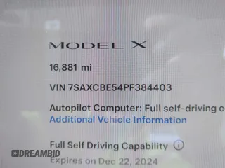 2023 Tesla Model X with VIN 7SAXCBE54PF384403, listed as a IAAI auction lot 40947187 with 16,881 mi miles and . Bid and sale history available at DreamBid. Image 7.