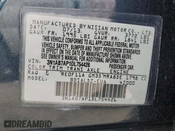 2013 Nissan Sentra SV with VIN 3N1AB7AP1DL754426, listed as a Copart auction lot 52107795 with 51,817 mi miles and Salvage Title. Bid and sale history available at DreamBid. Image 15.
