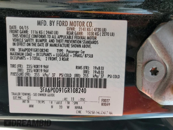 2016 Ford Fusion Titanium with VIN 3FA6P0D91GR108240, listed as a Copart auction lot 57614835 with 143,316 mi miles and Salvage title. Bid and sale history available at DreamBid. Image 12.