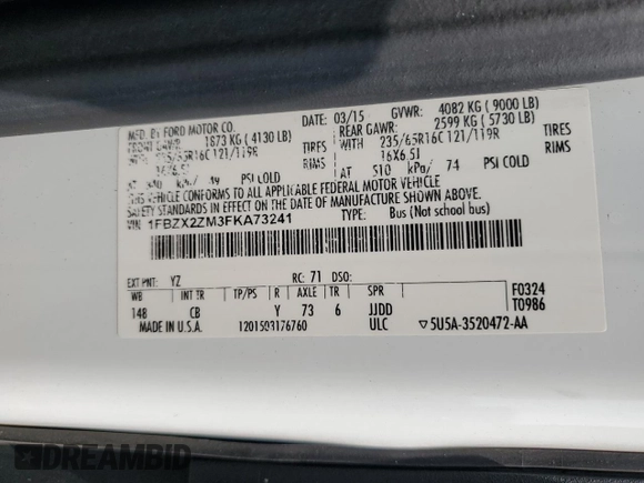 2015 Ford Transit XL с VIN 1FBZX2ZM3FKA73241, выставлен на аукционе Copart как лот 59046465 с пробегом 185 438 миль миль и Списание • Salvage title. История ставок и продаж доступна на DreamBid. Изображение 13.