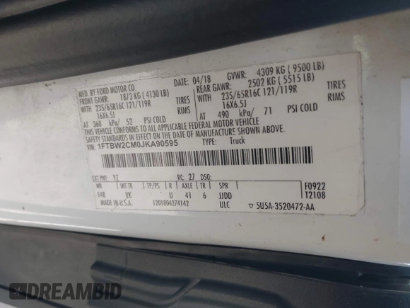 2018 Ford Transit with VIN 1FTBW2CM0JKA90595, listed as a IAAI auction lot 41638456 with 80,319 mi miles and . Bid and sale history available at DreamBid. Image 8.