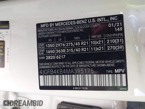 2021 Mercedes-Benz GLE 350 with VIN 4JGFB4KB4MA395175, listed as a IAAI auction lot 41971071 with 44,734 mi miles and . Bid and sale history available at DreamBid. Image 9.