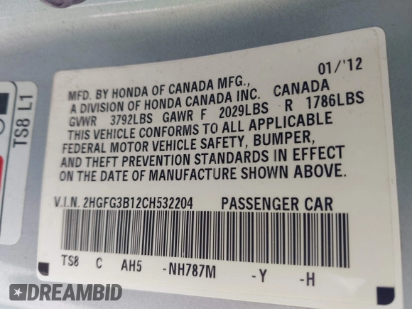 2012 Honda Civic Cpe EX-L with VIN 2HGFG3B12CH532204, listed as a IAAI auction lot 42038754 with 190,675 mi miles. Bid and sale history available at carsss.com. Image 9.