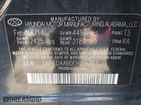 2014 Hyundai Sonata Limited with VIN 5NPEC4AB0EH896816, listed as a IAAI auction lot 41594893 with 138,112 mi miles and . Bid and sale history available at DreamBid. Image 9.
