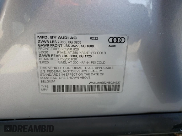 2022 Audi e-tron Premium Plus with VIN WA1LAAGE2NB024937, listed as a Copart auction lot 50953465 with 24,792 mi miles and Salvage Title. Bid and sale history available at carsss.com. Image 13.