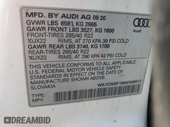 2021 Audi SQ8 Prestige z VIN WA1CWBF16MD008913, wystawiony jako Copart lot #64311523 z przebiegiem Nie podano mil oraz . Historia ofert i sprzedaży dostępna na DreamBid. Obrazek 13.