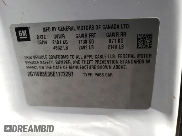 2014 Chevrolet Impala LT with VIN 2G1WB5E36E1172297, listed as a Copart auction lot 48698185 with 167,264 mi miles and Salvage Title. Bid and sale history available at DreamBid. Image 14.