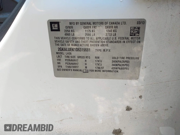 2013 GMC Terrain SLT with VIN 2GKALUEK1D6319681, listed as a IAAI auction lot 42590382 with 172,711 mi miles and . Bid and sale history available at DreamBid. Image 9.
