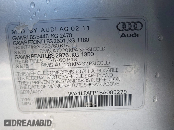 2011 Audi Q5 Premium Plus with VIN WA1LFAFP1BA085279, listed as a IAAI auction lot 41838001 with 203,979 mi miles and . Bid and sale history available at DreamBid. Image 9.
